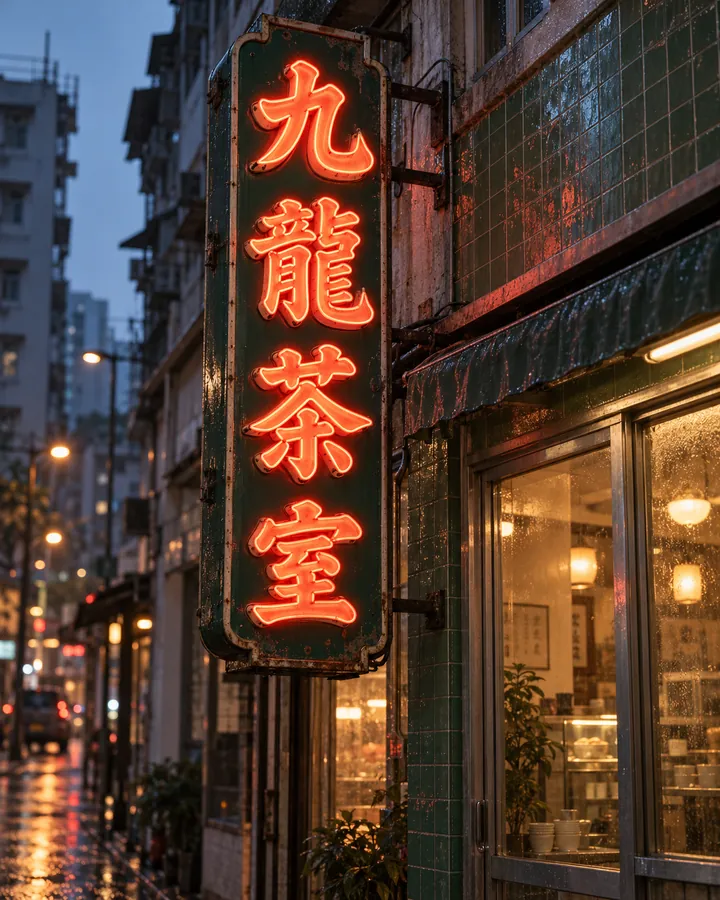 雨夜香港街角，墨綠色舊式招牌上亮起紅色霓虹字「九龍茶室」（示意圖）